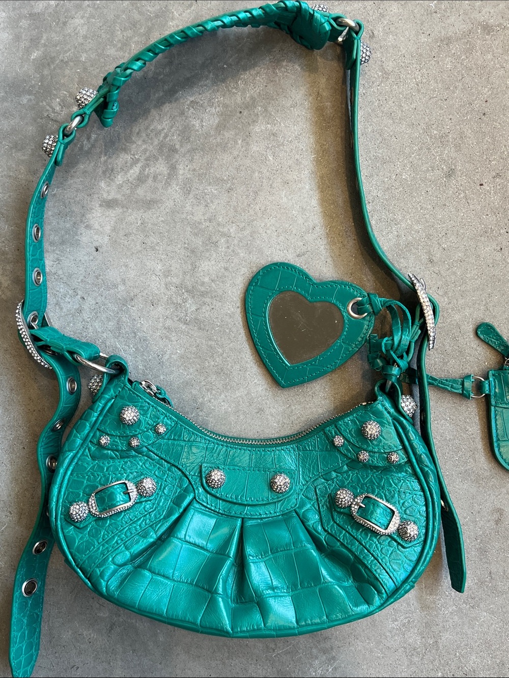 Balenciaga Calfskin Crystal Crocodile Embossed Le Cagole Shoulder Bag XS Jade - Picture 4 of 12
